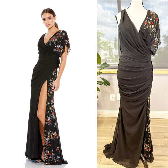 Mac Duggal FAUX WRAP MULTI COLORED BEADED FLORAL GOWN 26530 Size 14 - Picture 1 of 10